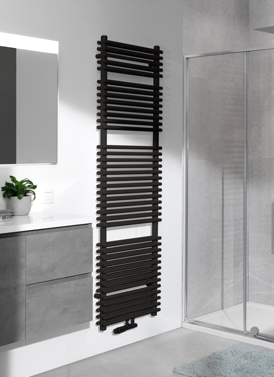 Vipera Alegria dubbele handdoekradiator 50 x 180 cm centrale verwarming mat zwart zij- en middenaansluiting 1.575W