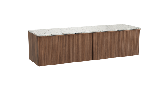 Balmani Forma hängendes Möbelstück Set: 180 x 55 cm, Amerikanischer Nussbaum, mit Stretto Einzel- oder Doppel Waschtischplatte, Terrazzo in Weiß/Schwarz matt, Vertikale asymmetrische Runde Rippe