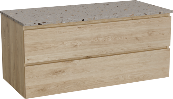 Balmani Lucida meuble salle de bains suspendu 120 x 55 cm chêne brut avec Stretto tablette simple ou double en terrazzo greige terrazzo