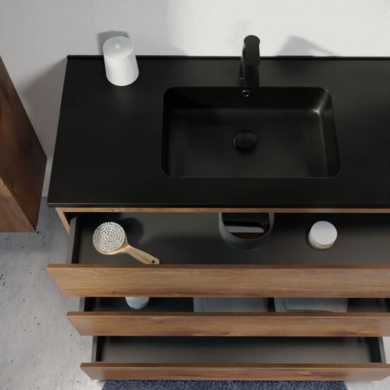 Linie Lado meuble salle de bains à poser 120 x 46 cm chêne brun avec Vano double vasque en marbre composite noir mat