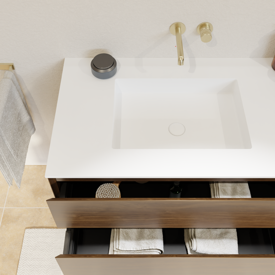 Balmani Mitra hängendes Möbelstück Set: 120 x 55 cm, Amerikanischer Nussbaum, mit Tablo Stretto Einzelwaschtisch für 2 Armaturenlöcher, Solid Surface Weiß matt