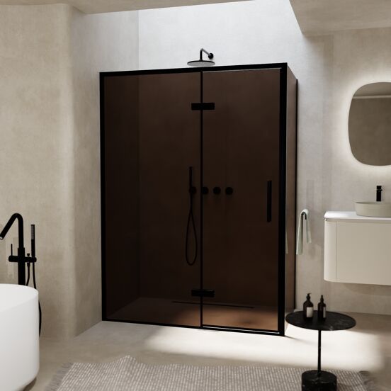 Balmani Senses Design douchehoek met linkse draaideur en vaste zijwand, 140 x 100 cm, Brons, Zwarte profielen, met coating
