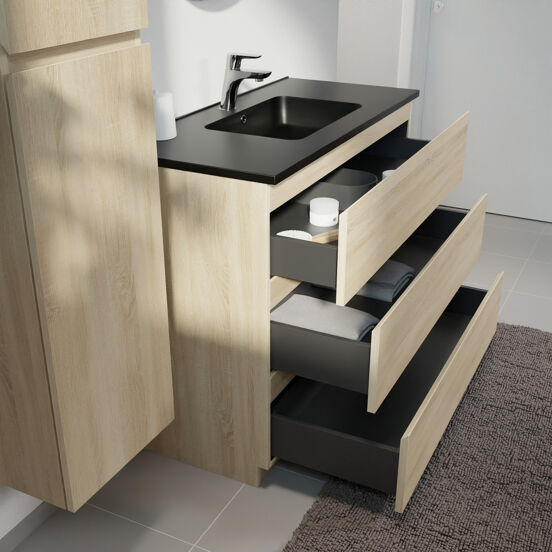 Linie Lado staand badmeubel 100 x 46 cm wit eiken met Vano enkele wastafel in composietmarmer mat zwart