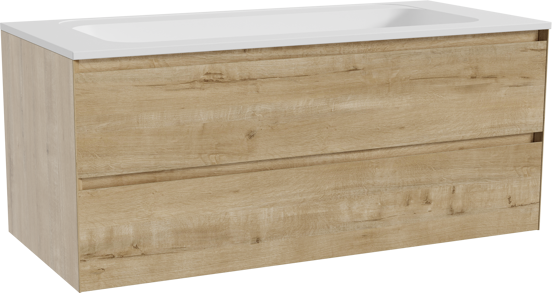 Balmani Mitra hängendes Möbelstück Set: 120 x 55 cm, Rohe Eiche, mit Tablo Strada Einzelwaschtisch, Marmorkomposit Weiß matt