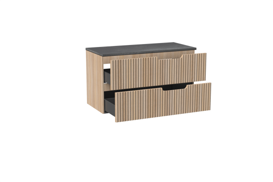 Linie Ribbo meuble salle de bains suspendu 100 x 46 cm chêne clair avec Lado tablette simple ou double en mélaminé ardoise gris, Nervure circulaire symétrique verticale