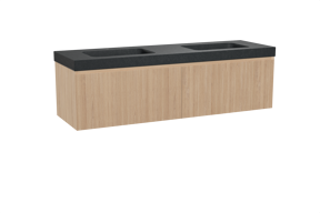 Balmani Fila hängendes Möbelstück Set: 180 x 55 cm, Naturbelassene Eiche, mit Napoli Doppelwaschtisch, Granit, Schwarzes Granit, Vertikale symmetrische gerade Rippe