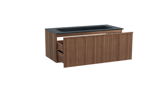 Balmani Forma meuble salle de bains suspendu 120 x 55 cm noyer américain avec Tablo Strada lavabo simple pour 2 trous de robinet en marbre composite noir mat, Nervure circulaire asymétrique verticale
