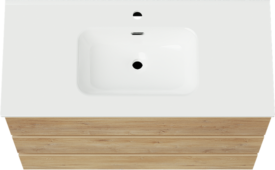 Linie Lado freistehendes Möbelstück Set: 100 x 46 cm, Naturbelassene Eiche, mit Baro Einzelwaschtisch, Porzellan Weiß glänzend
