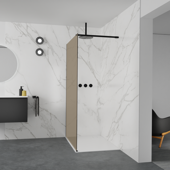 Balmani Modular Walk-In Dusche: 120 x 200 cm, Bronze Glas, inklusive Coating, Profil Schwarz matt