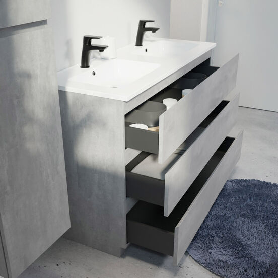 Linie Lado freistehendes Möbelstück Set: 120 x 46 cm, Beton dunkelgrau, mit Vano Doppelwaschtisch, Marmorkomposit Weiß glänzend