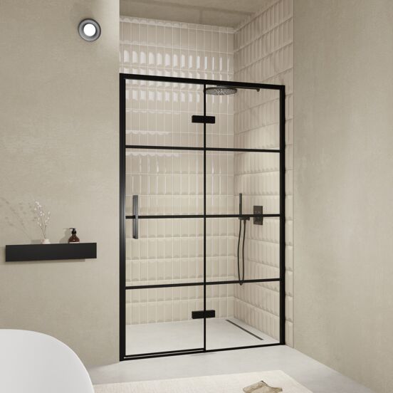 Balmani Senses Design porte pivotante à droite 140 cm x 210 cm verre Lined, Profil noir, coating inclus