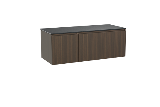 Balmani Sfera hängendes Möbelstück Set: 135 x 55 cm, Eucalyptus, mit Stretto Einzel- oder Doppel Waschtischplatte, Schwarzes Granit