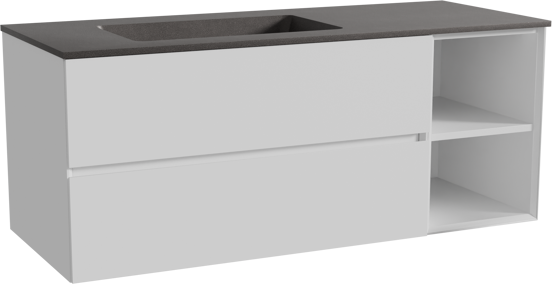 Storke Edge zwevend badmeubel 130 x 52 cm mat wit met Scuro asymmetrisch linkse wastafel in kwarts mat zwart