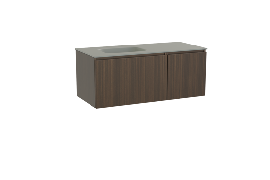 Balmani Sfera meuble salle de bains suspendu 120 x 55 cm eucalyptus avec Tablo Arcato plan vasque asymétrique à gauche en solid surface gris pierre