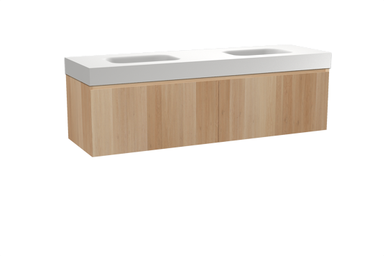Balmani Idra zwevend badkamermeubel 180 x 55 cm natuur eik met Arcato dubbele wastafel in solid surface mat wit