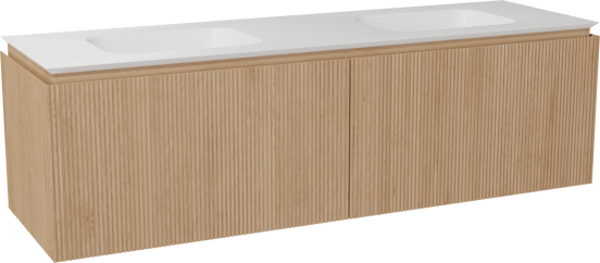 Balmani Eclips meuble salle de bains suspendu 180 x 55 cm Chêne naturelle avec Eclips double vasque en Solid Surface blanc mat, Nervure droite symétrique verticale