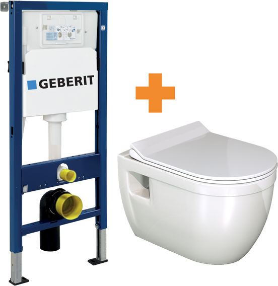 Linie Tempo hangend toilet hoogglans wit randloos met Geberit Duofix inbouwreservoir