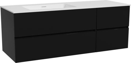 Storke Edge zwevend badmeubel 140 x 52 cm mat zwart met Mata asymmetrisch linkse wastafel in solid surface mat wit
