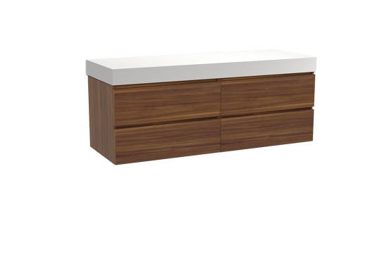 Balmani Lucida meuble salle de bains suspendu 150 x 55 cm noyer américain avec Dominus tablette simple ou double en solid surface blanc mat