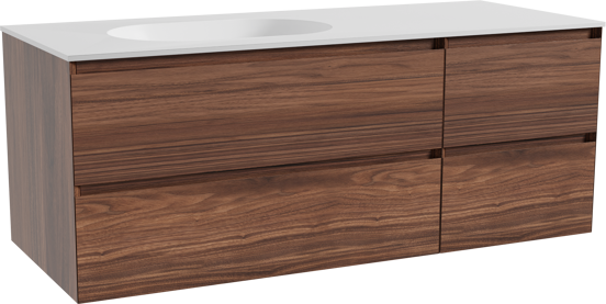 Balmani Mitra meuble salle de bains suspendu 135 x 55 cm noyer avec Tablo Oval vasque asymétrique gauche en solid surface blanc mat