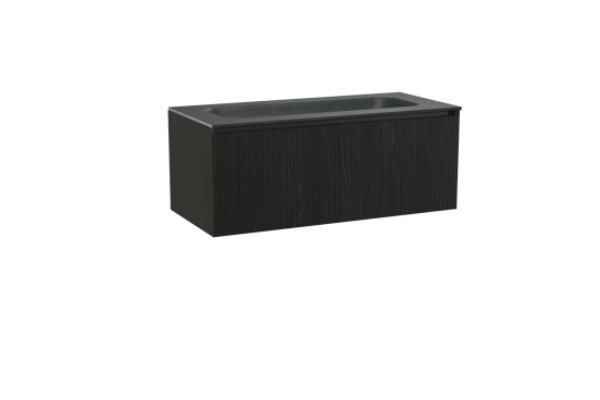 Balmani Fila hängendes Möbelstück Set: 120 x 55 cm, Schwarze Eiche, mit Tablo Arcato Einzelwaschtisch für 2 Armaturenlöcher, Granit, Schwarzes Granit, Vertikale symmetrische gerade Rippe