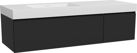 Storke Edge zwevend badkamermeubel 150 x 52 cm mat zwart met Mata High asymmetrisch linkse wastafel in solid surface mat wit