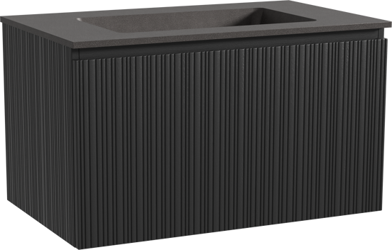 Storke Ribs zwevend badkamermeubel 85 x 52 cm zwarte eik met Scuro enkele wastafel in kwarts mat zwart, Verticale asymmetrische rechte ribbel
