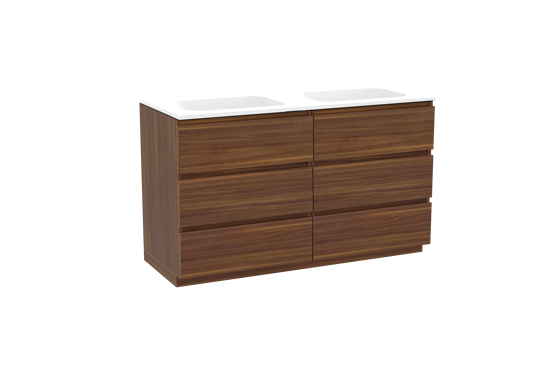 Balmani Lucida staand badkamermeubel 135 x 55 cm amerikaanse notelaar met Tablo Strada dubbele wastafel in composietmarmer mat wit