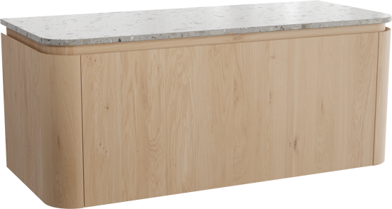 Balmani Moon zwevend badkamermeubel 130 x 55 cm natuur eik met Moon enkel of dubbel tablet in terrazzo greige terrazzo