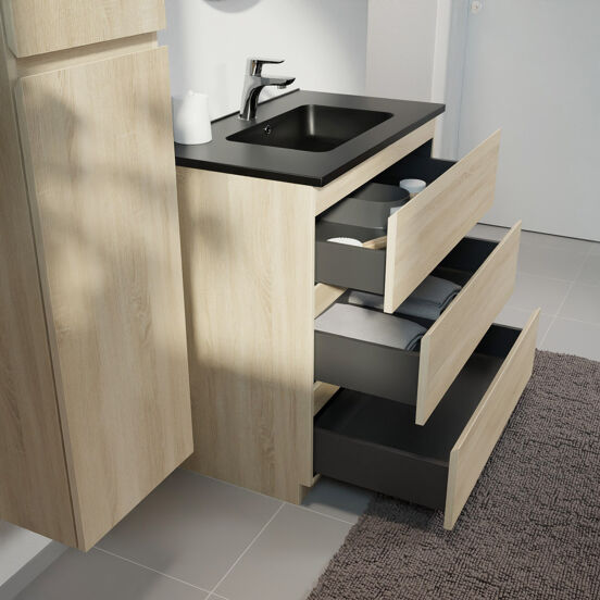 Linie Lado freistehendes Möbelstück Set: 80 x 46 cm, Weiße Eiche, mit Vano Einzelwaschtisch, Marmorkomposit Schwarz matt