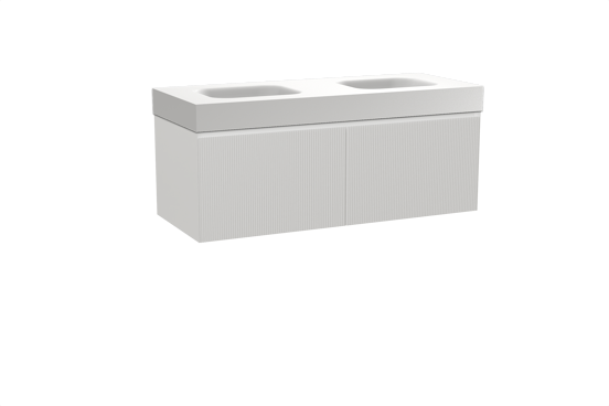 Balmani Fila zwevend badkamermeubel 135 x 55 cm mat wit met Arcato dubbele wastafel in solid surface mat wit, Verticale symmetrische rechte ribbel