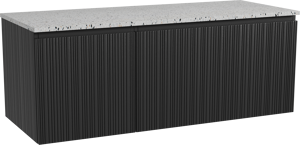 Storke Ribs hängendes Möbelstück Set: 130 x 52 cm, Schwarze Eiche, mit Tavola Einzel- oder Doppel Waschtischplatte, Terrazzo in Weiß/Schwarz matt, Vertikale asymmetrische gerade Rippe