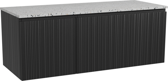 Storke Ribs meuble salle de bains suspendu 130 x 52 cm chêne noir avec Tavola tablette simple ou double en blanc/noir mat terrazzo, Nervure droite asymétrique verticale