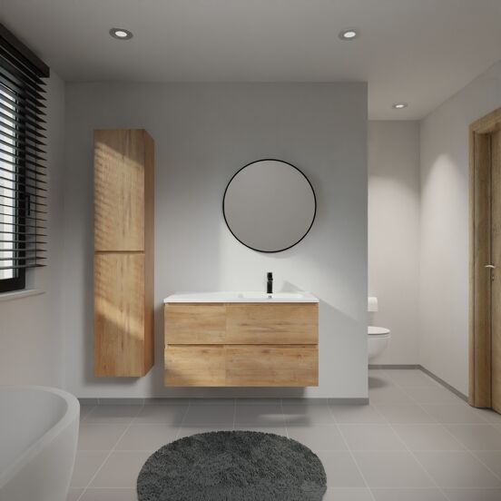 Linie Lado zwevend badmeubel 100 x 46 cm naturel eiken met Vano asymmetrisch rechtse wastafel in composietmarmer hoogglans wit