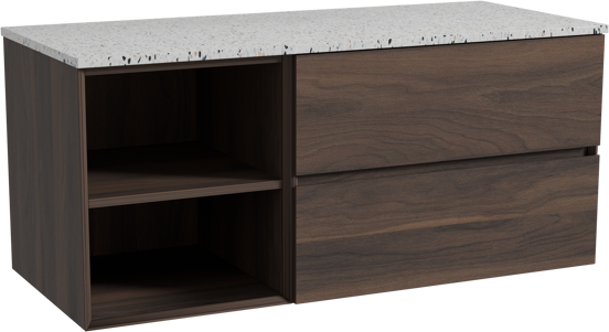 Storke Edge meuble salle de bains suspendu 120 x 52 cm noyer avec Tavola tablette simple ou double en blanc/noir mat terrazzo