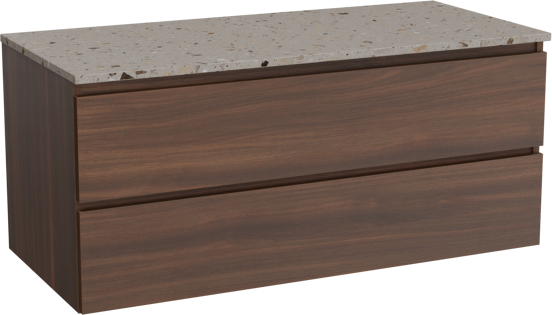 Balmani Lucida meuble salle de bains suspendu 120 x 55 cm noyer américain avec Stretto tablette simple ou double en terrazzo greige terrazzo