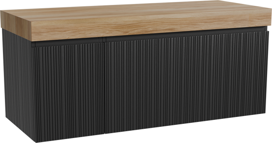 Storke Ribs zwevend badkamermeubel 130 x 52 cm zwarte eik met Kada enkel of dubbel tablet in hpl rustieke teak, Verticale asymmetrische rechte ribbel