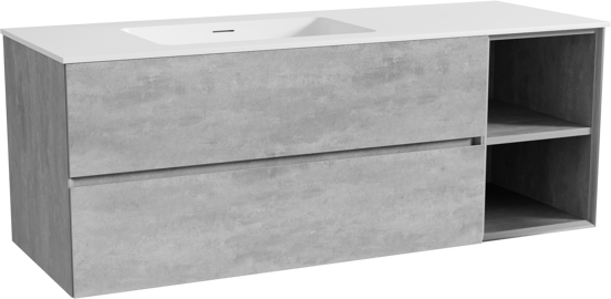 Storke Edge meuble salle de bains suspendu 140 x 52 cm béton gris foncé avec Mata plan vasque asymétrique à gauche en solid surface blanc mat