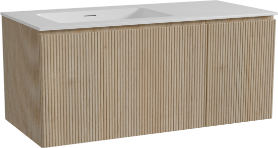 Storke Ribs hängendes Möbelstück Set: 110 x 52 cm, Rohe Eiche, mit Mata Waschtisch links, Solid Surface, Weiß matt, Vertikale symmetrische gerade Rippe