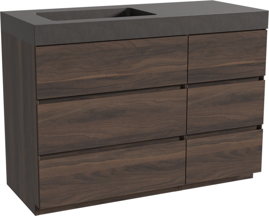 Storke Edge meuble salle de bains à poser 120 x 52 cm noyer avec Scuro High vasque asymétrique gauche en quartz noir mat