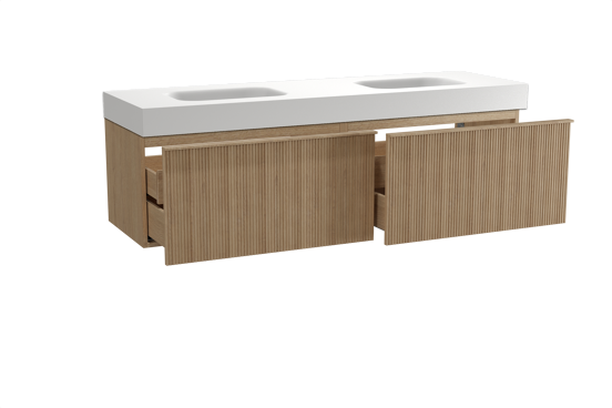 Balmani Forma zwevend badkamermeubel 180 x 55 cm natuur eik met Arcato dubbele wastafel in solid surface mat wit, Verticale symmetrische rechte ribbel