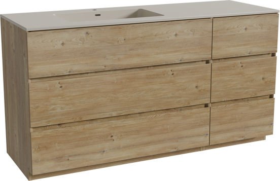 Storke Edge freistehendes Möbelstück Set: 150 x 52 cm, Rohe Eiche, mit Diva Waschtisch links, Top Solid Seidengrau