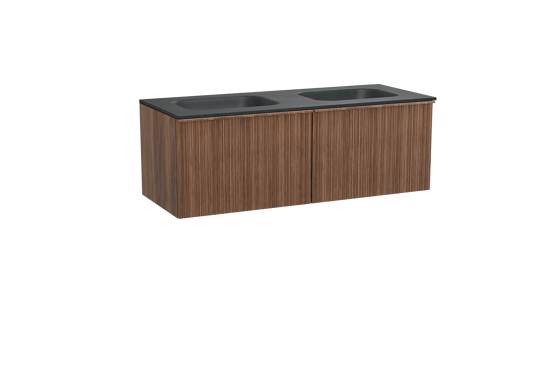 Balmani Forma zwevend badkamermeubel 135 x 55 cm amerikaanse notelaar met Tablo Arcato dubbele wastafel in graniet zwart, Verticale asymmetrische ronde ribbel