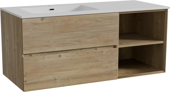 Storke Edge meuble salle de bains suspendu 120 x 52 cm chêne brut avec Diva plan vasque asymétrique à gauche en marbre composite blanc brillant
