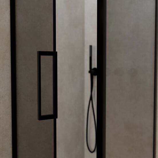 Balmani Senses Design douche en coin avec porte pivotante à gauche et paroi latérale fixe, 90 x 90 cm, Miroir Reflex, Profil noir