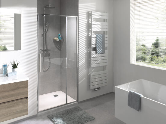 Luca Varess Morano porte pivotante 120 x 190 cm verre transparent profil chrome brillant