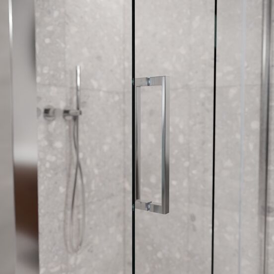 Balmani Senses Design douche en coin avec porte coulissante à droite et paroi latérale fixe, 120 x 90 cm, Verre transparent, Profil Chrome brillant