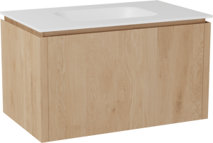 Balmani Eclips zwevend badmeubel 90 x 55 cm Natuur eiken met Tablo Arcato enkele wastafel in Solid Surface mat wit