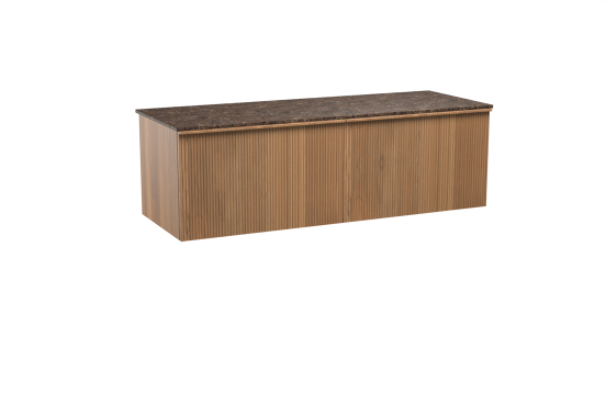Balmani Forma zwevend badmeubel 150 x 55 cm teakhout met Stretto enkel of dubbel wastafelblad in marmer dark emperador, Verticale symmetrische rechte ribbel