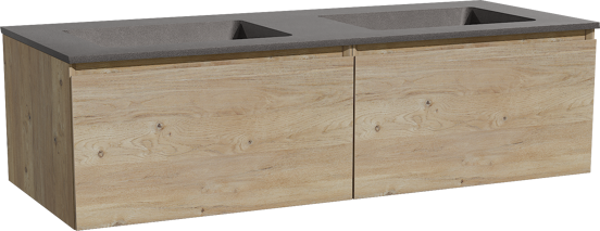 Storke Edge zwevend badmeubel 130 x 52 cm ruw eiken met Scuro dubbele wastafel in kwarts mat zwart
